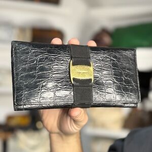 Salvatore Ferragamo Black Croc-Embossed Leather Wallet with Gold Bow Accent